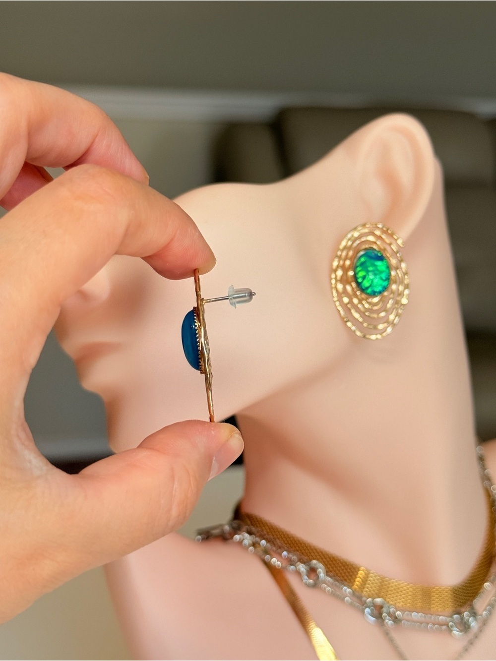 Gold-Tone Earrings with Green Opal Center - Women Jewelry - Picture 6 of 11
